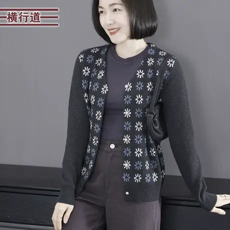 2024春季新款韩版淑女V领提花长袖针织开衫女装上衣服妈妈装外穿商品大图