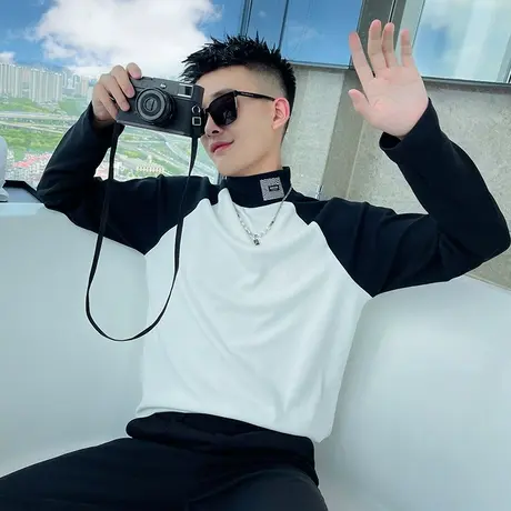 春秋季时尚休闲拼色拼接高领学生打底衫内搭长袖男士T恤百搭体恤商品大图