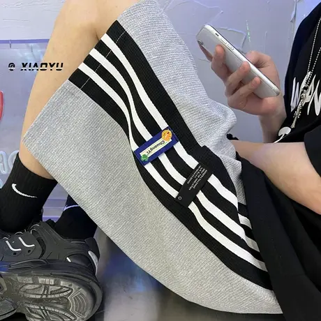 运动条纹短裤夏季宽松贴标休闲裤子2024男士潮流美式直筒百搭中裤商品大图