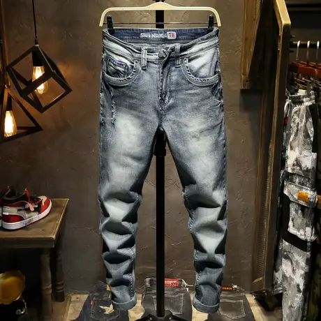 夏季款男士潮牌牛仔裤修男身小脚休闲小直筒长裤子男百搭韩版潮流图片