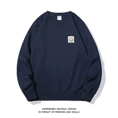 秋冬简约方块笑脸小众美式复古印花圆领卫衣青少年潮牌宽松上衣男商品大图