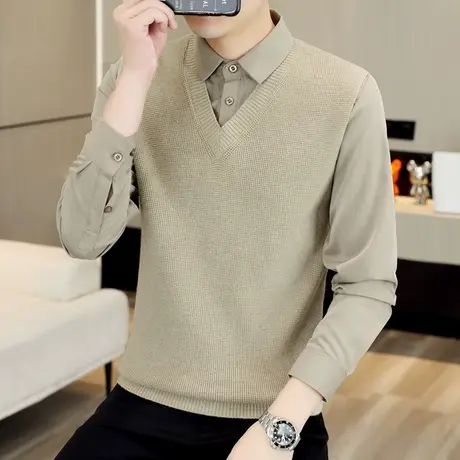 加厚假两件毛衣男士韩版秋冬季衬衫领打底针织衫带领线衣内搭秋装商品大图