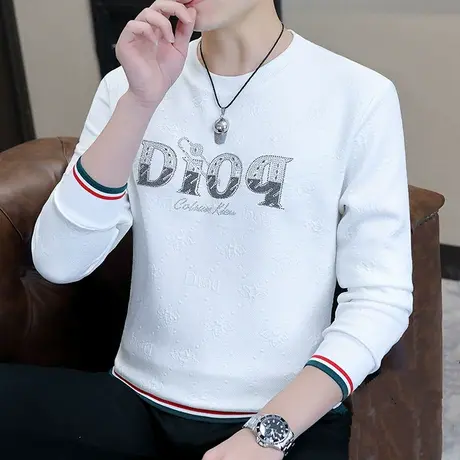 立体浮雕印花2023春秋季圆领青年长袖T恤男士打底衫春装刺绣小衫商品大图