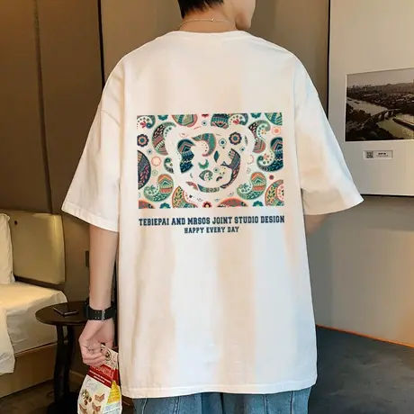 短袖t恤男夏季纯棉宽松薄款透气半袖2025新款潮流民族风印花打底T商品大图