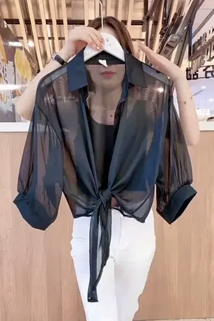 小披肩配裙子2023夏季新款雪纺衫上衣防晒衣女开衫吊带裙外搭罩衫商品大图