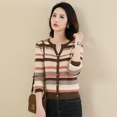 韩潮袭人 时尚V领条纹撞色毛衣女2023冬新款套头宽松打底衫上衣厚图片