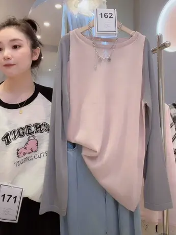 气质简约高级感拼色T恤女夏2023新款插肩空调防晒衫长袖百搭上衣图片