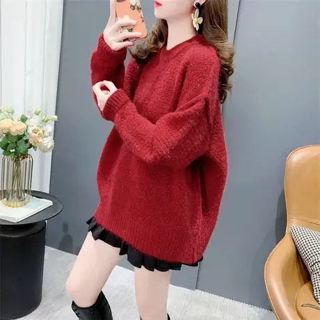新年圣诞红色圆领毛衣女秋冬2023年新款宽松慵懒风显瘦打底针织衫商品大图