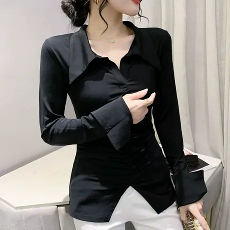 时尚Polo领T恤女长袖2024秋季新款欧货洋气百搭上衣紧身开叉小衫商品大图