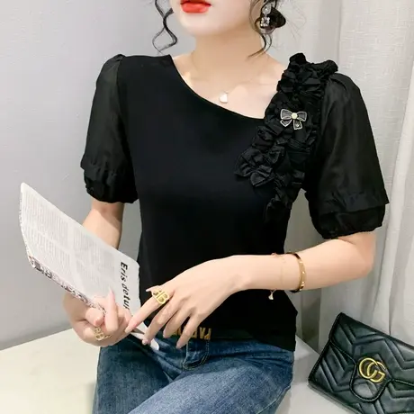 设计感泡泡袖T恤女2024夏装新款洋气荷叶边小衫短袖网纱拼接上衣图片