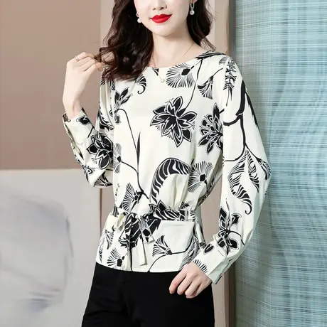 秋装长袖真丝女上衣2023新款漂亮妈妈装气质洋气收腰时尚衬衣小衫商品大图