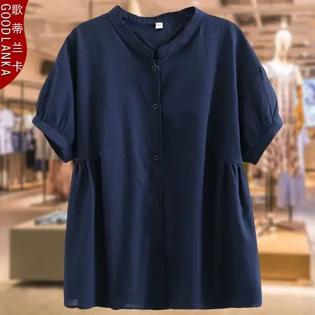 中年胖妈妈短袖衬衫夏季新款洋气时尚加肥加大码女装立领棉麻上衣商品大图