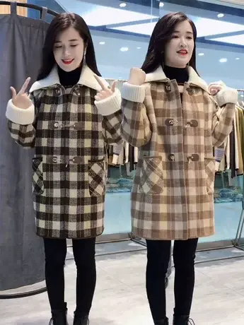 欧货针织领子双面呢大衣女中长款2023韩版宽松小个子格子外套女潮图片