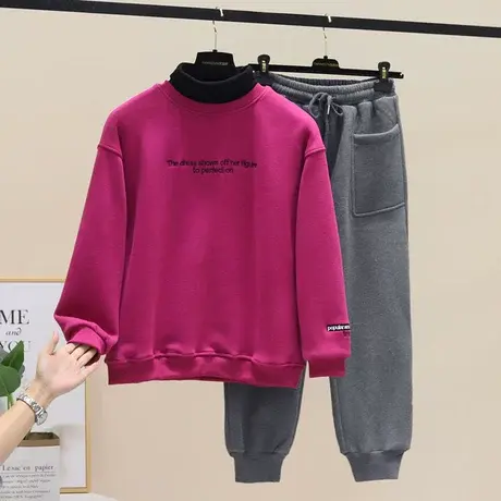 假两件加绒加厚卫衣+休闲加绒卫裤两件套高领上衣束脚休闲裤套装图片