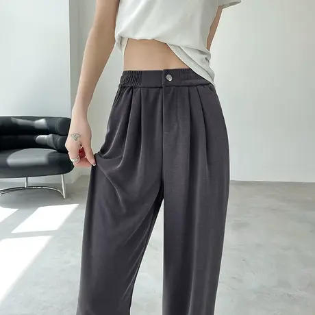 灰色铜氨丝窄版阔腿裤女松紧腰显瘦休闲夏季薄款高腰垂感运动裤子商品大图