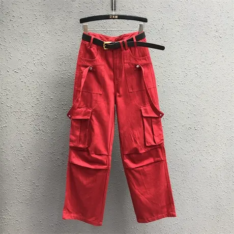 红色牛仔工装裤女2023秋季新款炸街帅气宽松休闲高腰直筒阔腿裤潮图片