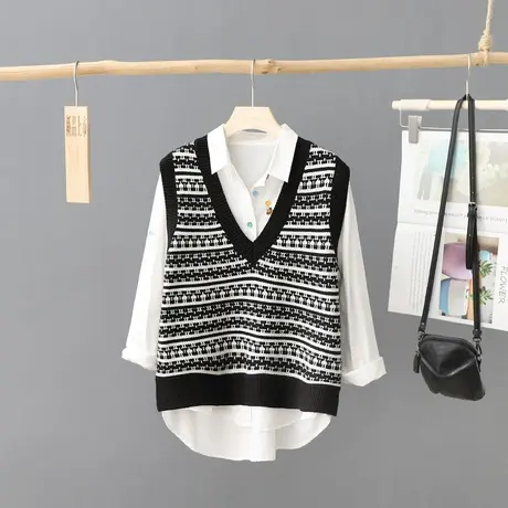 文艺范V领无袖针织马夹女背心秋装新款套头宽松无袖打底毛衣坎肩图片