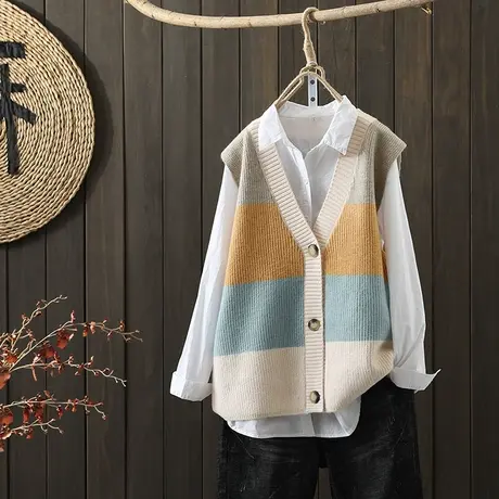 枫谜2021年秋装新款文艺拼色针织马夹开衫女毛线背心坎肩无袖毛衣图片