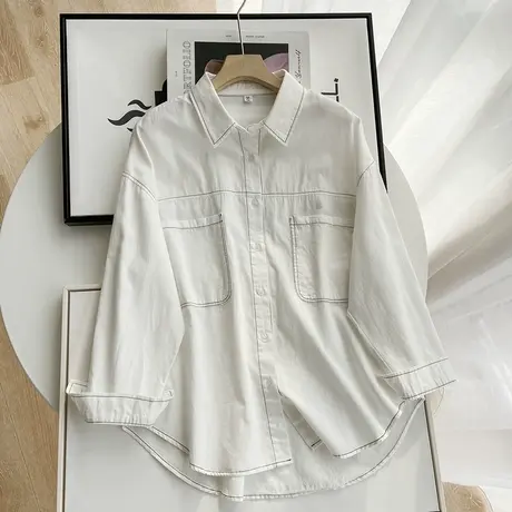 2022春装新款韩版港风宽松休闲长袖白色衬衫女设计感小众叠穿上衣图片