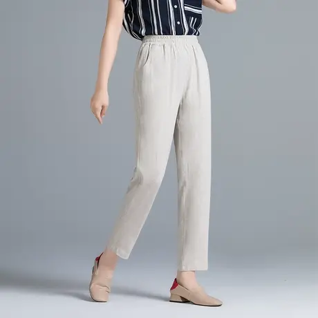 夏季薄款加肥加大码女裤宽松亚麻哈伦裤高腰显瘦休闲裤棉麻九分裤商品大图