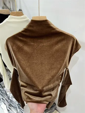 半高领丝绒针织衫设计感破洞长袖上衣女2023初秋高级感小众打底衫商品大图