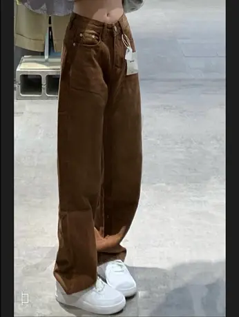 高街美式复古咖色裤子女春秋显瘦宽松直筒高腰阔腿牛仔裤女ins潮图片