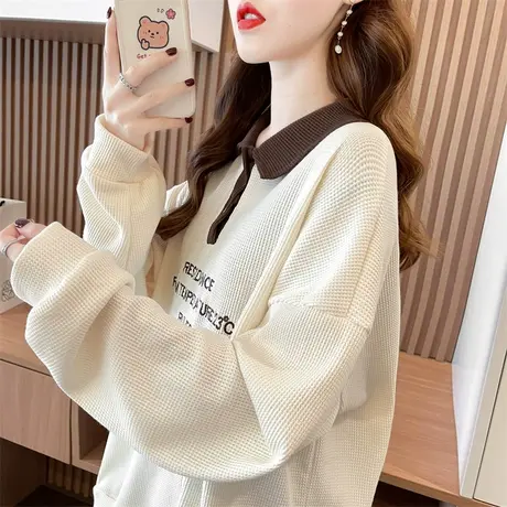 翻领polo衫卫衣女春秋季韩版宽松薄款小个子华夫格假两件上衣外套商品大图