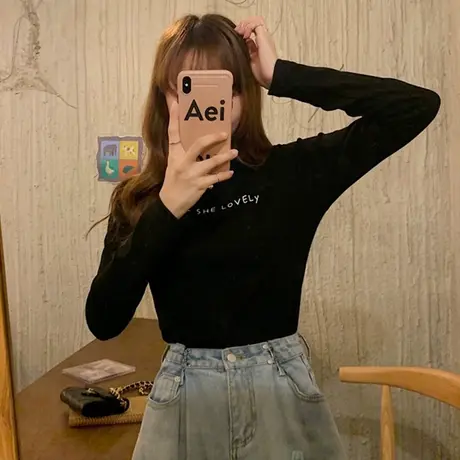 秋冬2021新款打底衫内搭黑色修身洋气别致设计感微胖穿搭炸街上衣商品大图