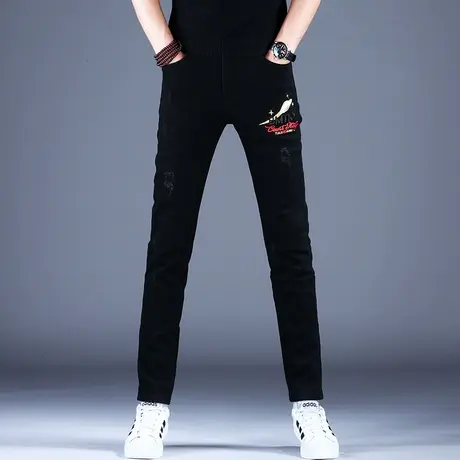 纯黑色刺绣牛仔裤男款修身小脚2023新款高档韩版潮流裤子弹力百搭商品大图