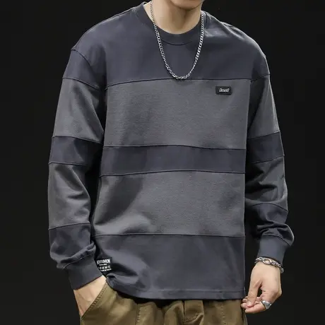 长袖t恤男潮牌宽松大码春季2024新款男士内搭条纹拼接款拼色春秋图片