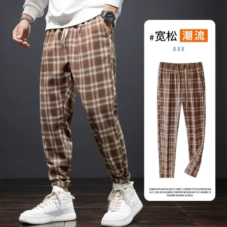 春季高级感格子卫裤男士宽松直筒男生痞帅嘻哈休闲长裤子男裤春装商品大图
