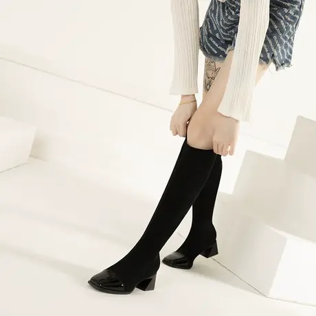 不过膝长靴女小个子2024年新款弹力长筒袜靴粗跟瘦瘦骑士高筒靴子商品大图