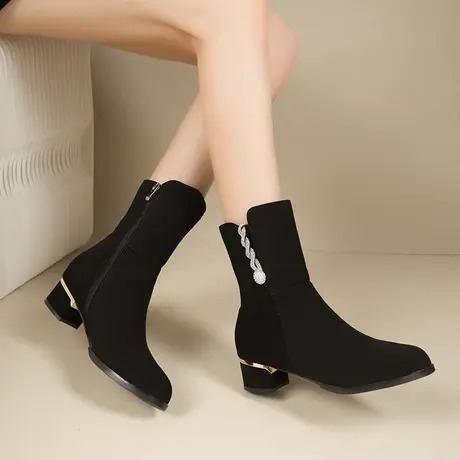 法式高跟短靴女2023新款冬季加绒瘦瘦靴显瘦靴子冬鞋时尚粗跟棉靴图片
