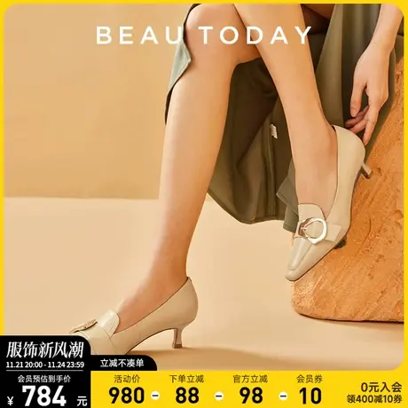 BeauToday英伦风高跟鞋女春季新款BT简约方头中跟真皮法式皮鞋女图片