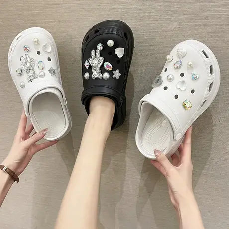 增高洞洞鞋女ins潮2024新款珍珠水钻高跟外穿防滑厚底沙滩凉拖鞋商品大图