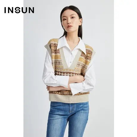 INSUN恩裳春秋季大气V领复古费尔岛提花设计百搭针织衫商品大图