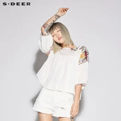sdeer圣迪奥2019新款女装夏装素白圆领绣花短袖衬衫S18280413图片