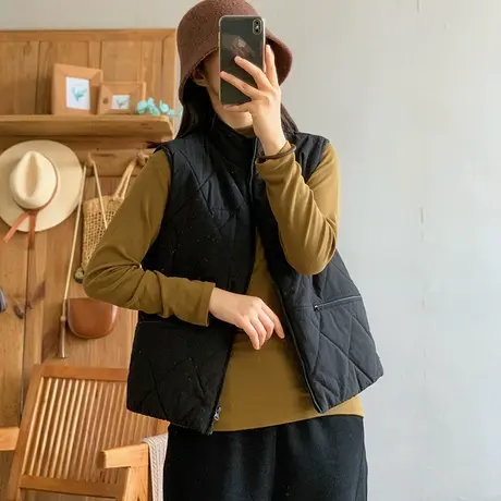 dza 复古短款菱格夹棉马甲背心女秋冬内搭外穿叠穿上衣宽松棉马夹商品大图