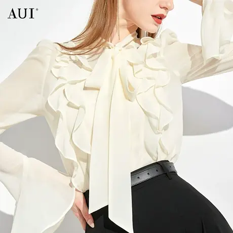 AUI杏色设计感荷叶边衬衫女2023夏新款小众修身上衣职业气质衬衣图片