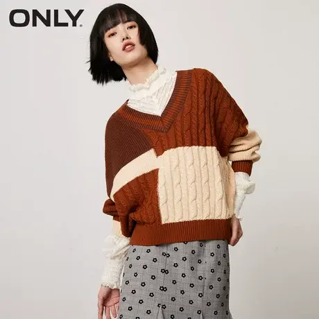 ONLY奥莱2022秋冬新款时尚百搭拼色设计宽松毛针织衫女商品大图