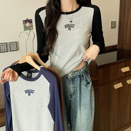 复古长袖内搭T恤女秋季新款美式紧身短款显瘦打底衫甜辣修身上衣商品大图