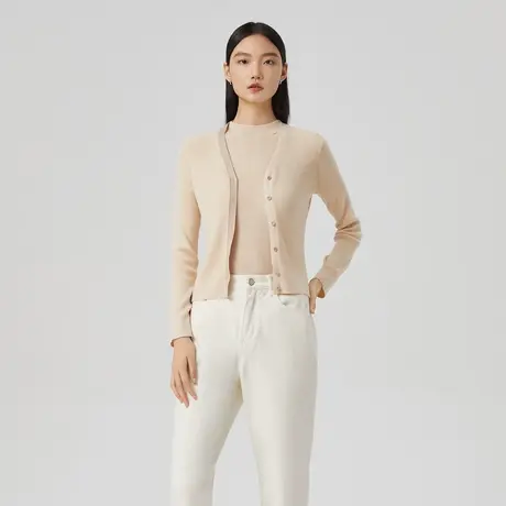 LANCY/俪雅2023春季新款V领针织开衫女撞色通勤外穿显瘦女上衣图片
