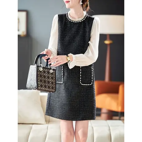 宝诗黎小香风钉珠亮丝连衣裙女2024春季气质拼接新款显瘦直筒裙子图片