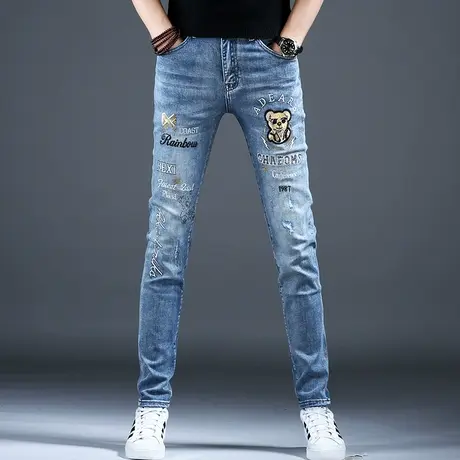 2024新款春秋男士刺绣破洞牛仔裤男款小脚修身裤子潮流男弹力百搭商品大图