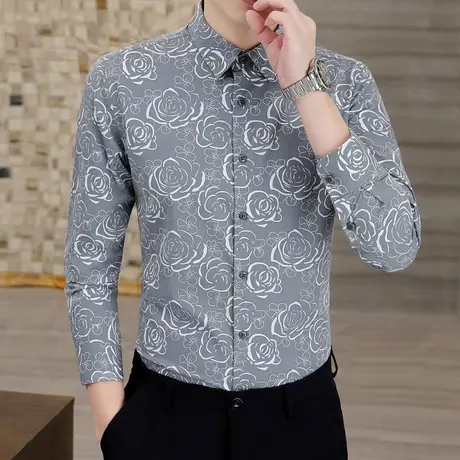 春秋季高端时尚玫瑰印花衬衫男士长袖痞帅气休闲衬衣百搭青年男装商品大图