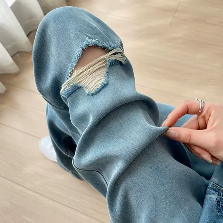 破洞天丝牛仔裤女夏季薄款2024年新款高个子直筒冰丝窄版阔腿裤子商品大图