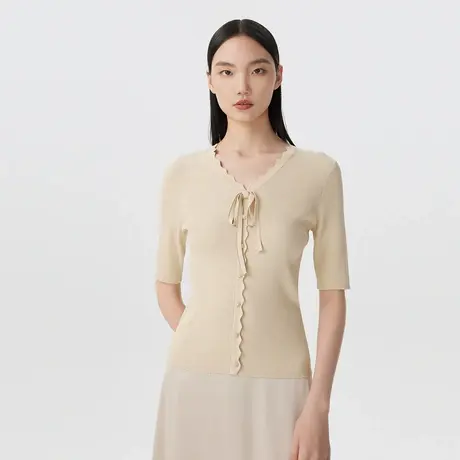 LANCY/悦朗姿春季新款V领飘带设计感短袖织衫女荷叶边领口图片