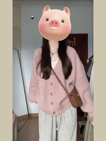 粉色毛衣外套女秋冬2023年温柔风日系复古小众设计感针织开衫上衣商品大图