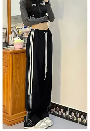 夏季薄款阔腿休闲裤女2023年新款宽松小个子条纹垂感拖地直筒裤子图片