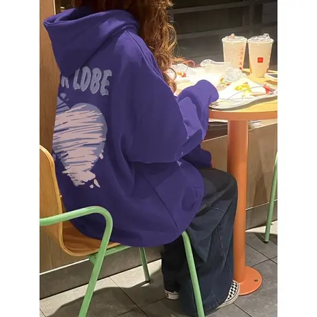 紫色连帽卫衣女春秋冬oversize潮牌小众设计感美式复古高级感外套商品大图